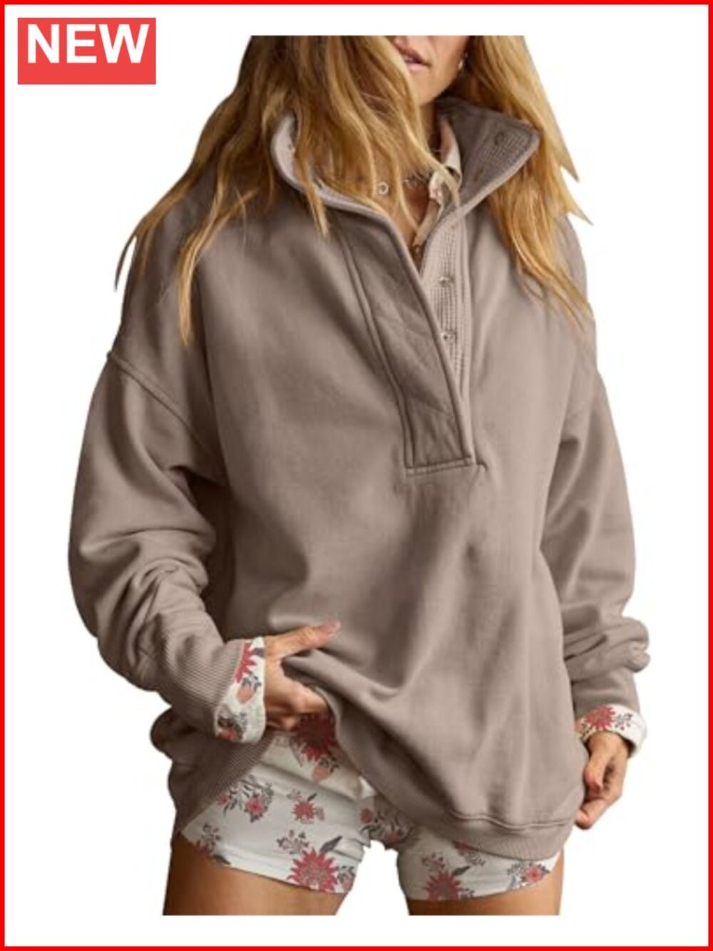 Oversized Henley Neck Sweatshirt Long Sleeve Cotton Pullover